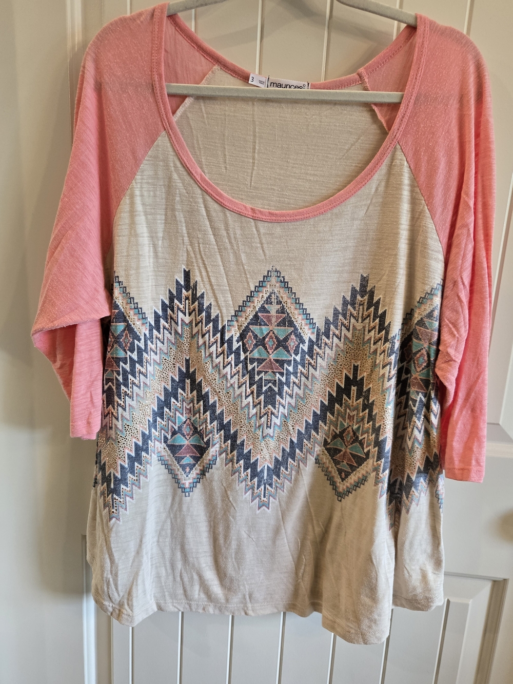 Maurices Pink Raglan Sleeve Aztec Print Women's Top Size 3x
